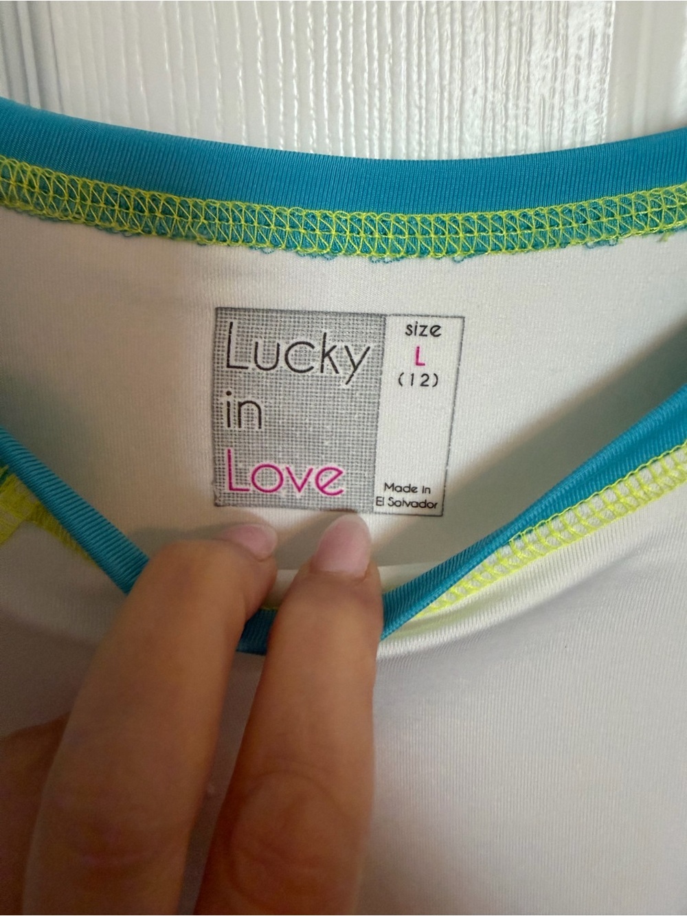 Lucky in Love White Athletic Performance Top Teal Trim Neon Stitching L 12 - Picture 3 of 4